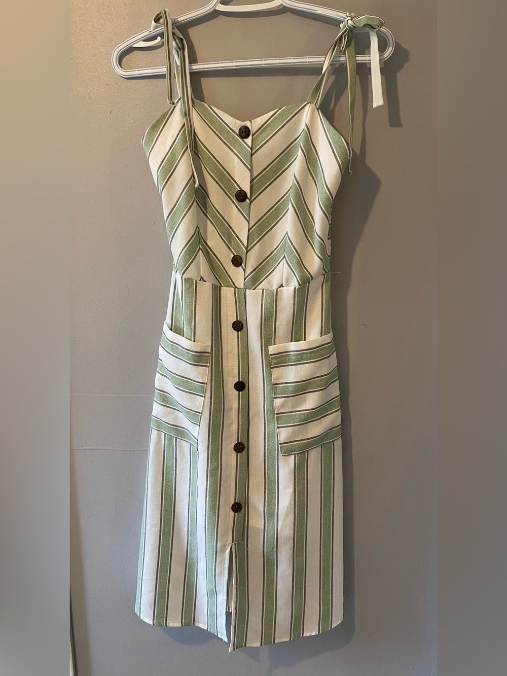 Monteau Striped Sundress Buttons Pockets 50s Style Womens Small Green White Fall